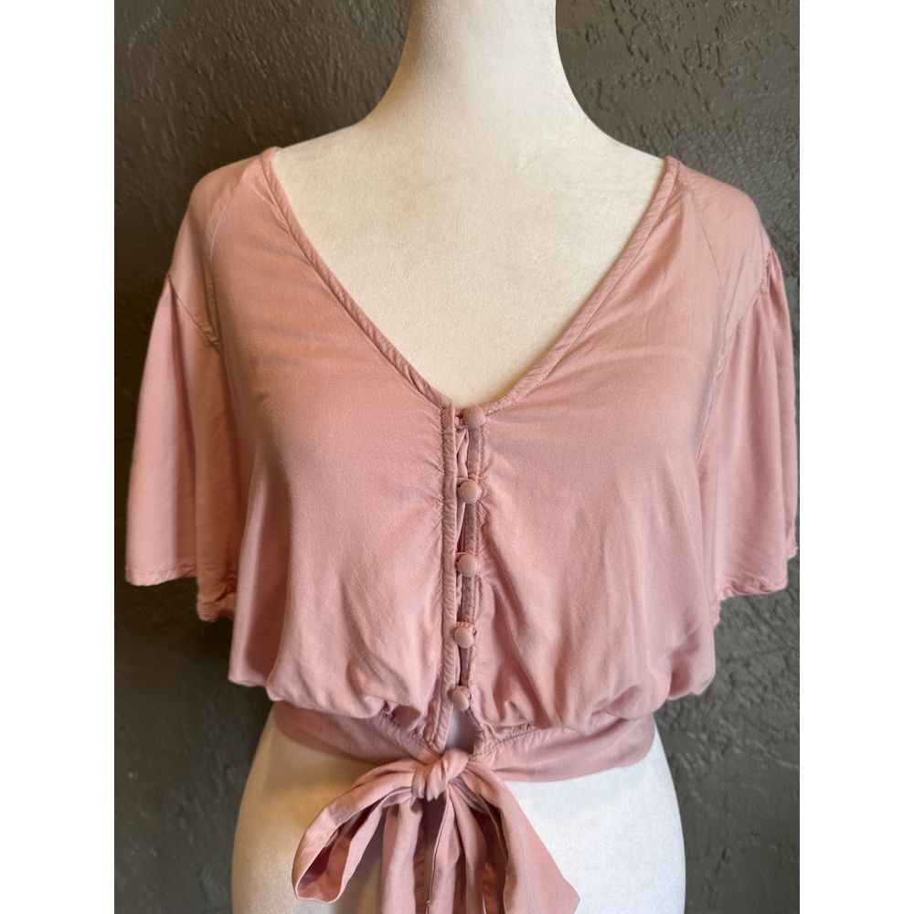 Shore Pink Viscose Button Detail Puff Sleeve Tie-Front Blouse XS